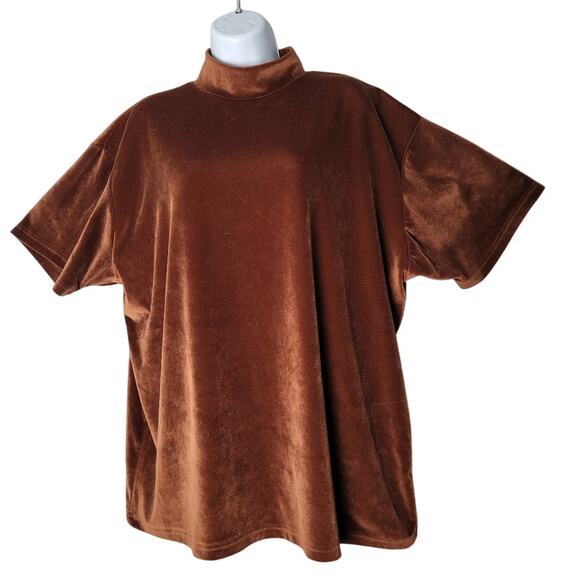 VTG Y2K Plus 3X Brown Velvet Mock Neck Top Short Sleeve Stretch Extra Point - Picture 1 of 6